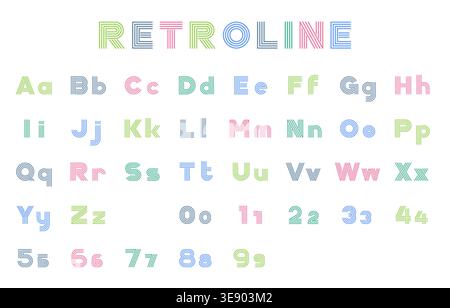 Full Retro Line Font Set with Uppercase, Lowercase, and Numbers in Pastel Colors on White Background Vector Illustration Stock Vector