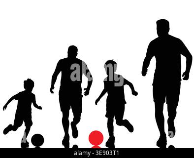 silhouettes of fathers and children dribbling a ball while playing, playing soccer, Father's Day theme Stock Vector