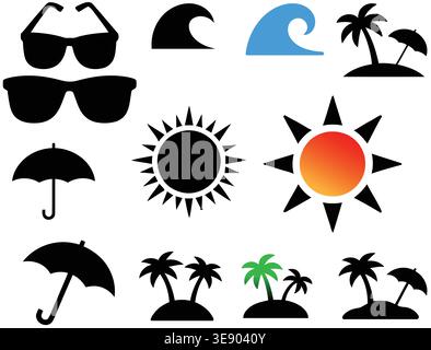Summer Beach Icons Collection with Sun, Palm Trees, Waves and Umbrella Stock Vector