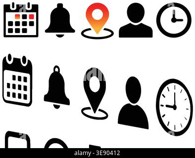 User Interface Icon Set with Calendar, Notification Bell, Location and Clock Stock Vector