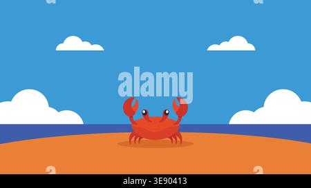 Playful cartoon flat illustration of red crab standing on an orange sandy beach with claws raised suitable for summer, marine life, and travel Stock Vector