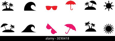 Summer beach icon silhouette vector set, palm tree wave sunglasses umbrella sun silhouettes, tropical vector collection Stock Vector