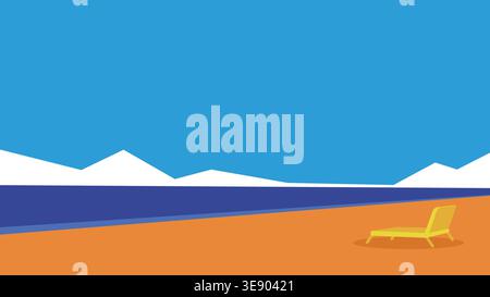 Minimalist flat illustration of a sunny beach landscape with single yellow lounge chair, a deep blue ocean, and distant white triangular cliffs. Stock Vector