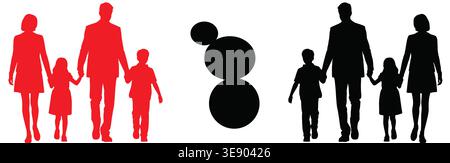 Collection of family silhouettes walking together, parents holding hands with children Stock Vector