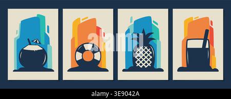 Summer wall art collection set featuring seasonal element like coconut drink, lifebuoy, pineapple, and glass of juice with straw Stock Vector