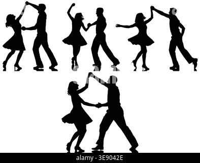 Dancing Couple Silhouette Icons, Ballroom Dance Partner Poses Vector Set Stock Vector