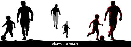 set of silhouettes of a father and children playing soccer, Father's Day concept Stock Vector