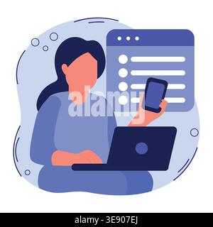 Illustration of a woman using a laptop while holding a smartphone, with a digital interface displaying lists in the background, emphasizing technology Stock Vector