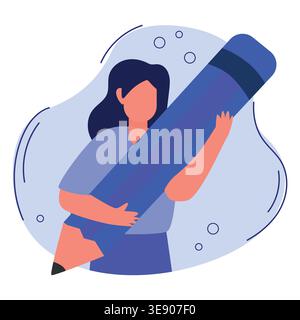 Illustration of a woman holding a large blue pencil, wearing a light blue shirt, with abstract shapes in the background, representing creativity and Stock Vector