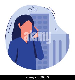 Illustration of a woman talking on a smartphone in front of a modern city skyline with tall buildings and abstract shapes in a vibrant color scheme Stock Vector