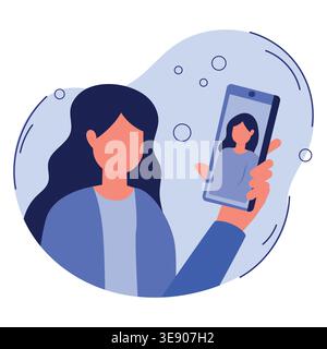Illustration of a woman with long dark hair taking a selfie with a smartphone, displaying her image on the screen against a light blue background with Stock Vector