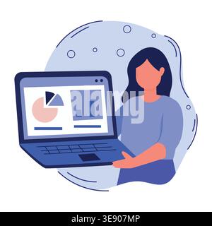 Illustration of a woman presenting data on a laptop screen with pie charts and bar graphs, surrounded by abstract shapes and bubbles in a modern Stock Vector