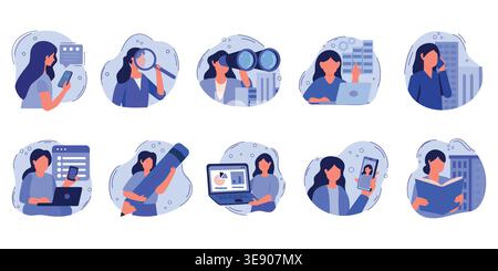 Illustration of a woman engaging in various professional activities, including using a smartphone, analyzing data, and working on a laptop in a modern Stock Vector