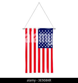 Rectangular pennant flag of USA on metal pole isolated on white background realistic vector. Hanging US American flag Stock Vector