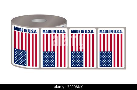 Made in USA label sticker roll, vector illustration. Adhesive merchandise tag with US flag on bobbin. Stock Vector