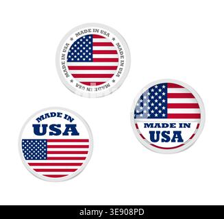 Made in USA round label stickers, vector set. Merchandise tag with US flag. Stock Vector