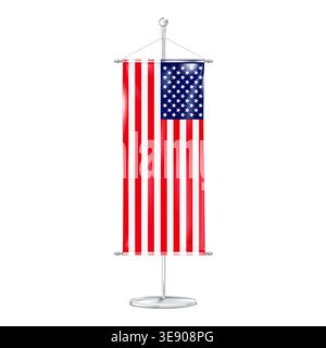 Flag of USA on metal pole stand isolated on white background realistic vector. Hanging US American flag Stock Vector