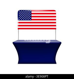 Counter desk with USA flag design isolated on white background. Table stand with US American flag header banner. Realistic vector illustration Stock Vector