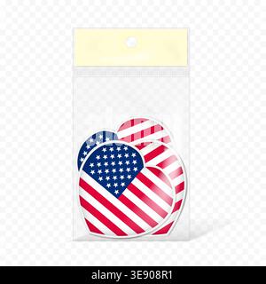 Clear flat plastic pocket bag filled with US flag stickers, vector template. Transparent retail pouch package Stock Vector