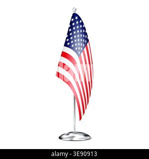 Fabric table flag of USA on metal pole stand isolated on white background. Office desk small US American banner. Realistic vector illustration Stock Vector
