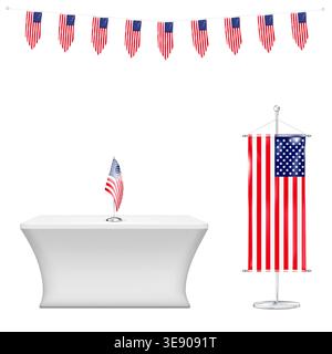 Flag of USA set. American flag pennant banner garland, floor and table US flags on metal pole stand. Realistic vector illustration Stock Vector