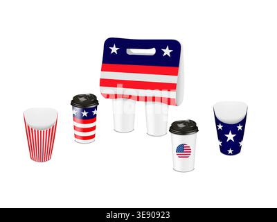 Takeaway food and drink package set with stars and stripes USA flag design. Takeout cup carry holder, paper mug, snack box bucket. Realistic vector Stock Vector