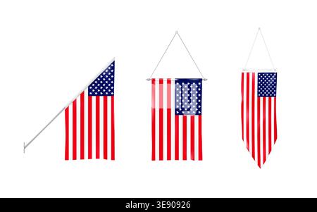 Flag of USA set. Hanging textile US flags isolated on white background. American banners. Realistic vector illustration Stock Vector