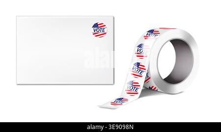 White envelope and round label sticker roll with USA flag Vote stickers. Realistic vector illustration Stock Vector