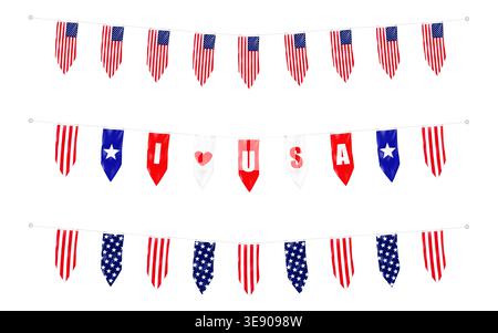 American design pennant banner garland set. Stars and stripes hanging textile flags. National US holiday festoon bunting streamer Stock Vector