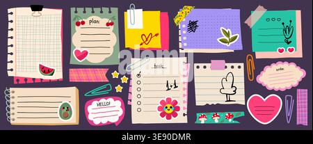 Cute memo paper frames with colorful stickers and doodle elements, cartoon vector set of illustrations. School notebook pages, diary sheets, and decorative tape for kids journals and planners. Stock Vector
