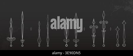 Vintage metal fence elements set isolated on black background. Vector realistic illustration of shiny steel ironwork spikes with elegant scrolls, gothic ornamental pattern, architectural railing decor Stock Vector