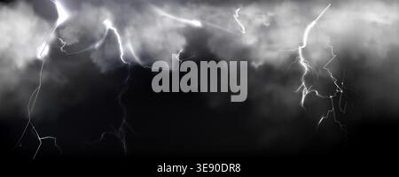 Thunderbolt and lightning strike through stormy dark clouds, realistic vector background. Atmospheric banner with dramatic powerful bolts glowing in the night sky, bad weather illustration, hurricane Stock Vector