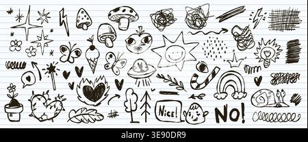 Hand drawn kid doodle icons on notebook page background. Vector illustration of abstract cute sketches on paper, heart on fire, mushroom and apple with eyes, creative scribble design for school banner Stock Vector