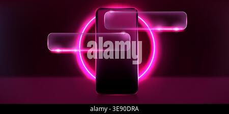 Modern smartphone and glass morphism message bubbles on dark background with neon pink light. Vector realistic illustration, gadget mockup with empty screen, product display with transparent frames Stock Vector