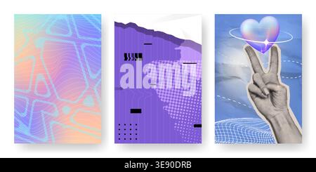 Abstract gradien pattern cards set. Vector realistic illustration of vibrant color backgrounds with geometric wireframe shapes, halftone effect, crumpled paper texture and gesturing hand Stock Vector