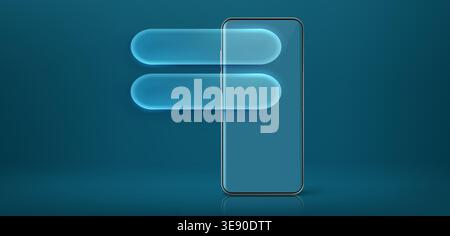 Modern smartphone and glass morphism message bubbles on dark background with neon blue light. Vector realistic illustration of gadget mockup with empty screen, product display with transparent frames Stock Vector