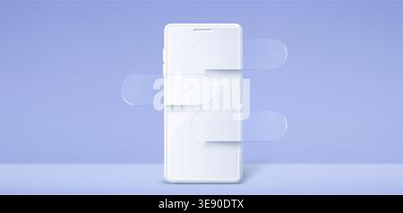 White smartphone and glass morphism message bubbles on pastel background. Vector realistic illustration of gadget mockup with empty screen, product display with transparent frames Stock Vector