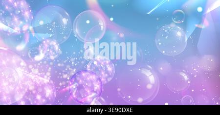 Transparent soap bubbles on pink and blue gradient background. Vector realistic illustration of iridescent rainbow effects with 3D glossy water spheres, shampoo, cosmetic bath product, dreamy design Stock Vector