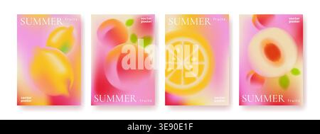 Summer gradient backgrounds with abstract blurred fruit shapes, set of vector cards. Fresh colorful defocused illustration with lemon and peach slices elements. Modern minimal banner design Stock Vector