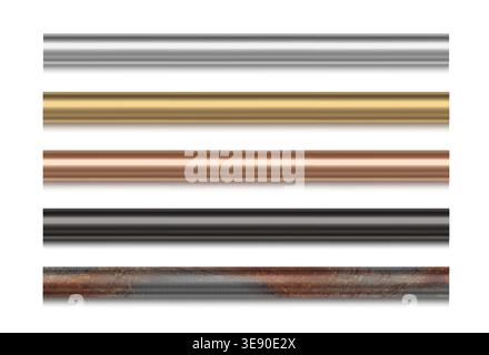 Industrial metal pipes in steel, copper, and brass finishes, vector illustrations isolated on white background. Cylindrical rods or tubes with realistic rusty texture for pipe design projects Stock Vector