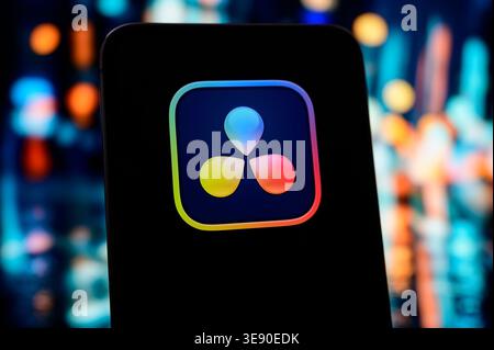Paris, France - April 16, 2026: Close-up of the DaVinci Resolve application icon by Blackmagic Design on a mobile device with a blurred background. Stock Photo