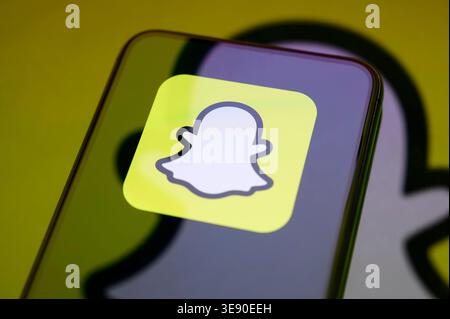 Paris, France - April 16, 2026: Close-up of the Snapchat application icon on a mobile device screen, highlighting the brand's visual identity. Stock Photo