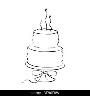 Hand-drawn birthday or wedding cake with a bow in vintage retro style, line art graphic food illustration for party decor or menu Stock Vector