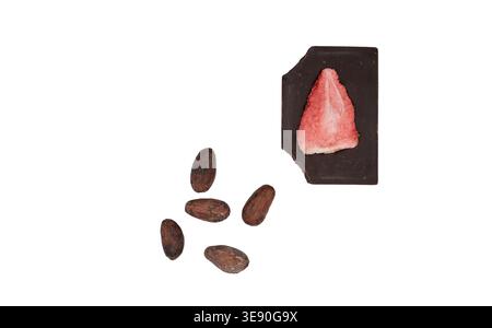 Bitten mini chocolate tasting bar and cocoa beans, isolated on white. Minimal chocolate bar with freeze-dried strawberries.Top view. Stock Photo