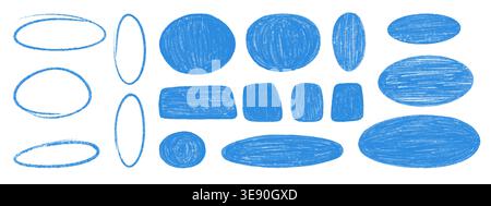 Hand drawn crayon boxes. Blue pastel colored round and square frames in kid doodle style Stock Vector