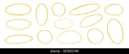 Hand drawn crayon boxes. Yellow round border frames in kid chalk paint style Stock Vector