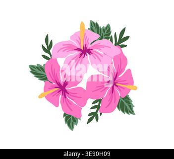 Colorful tropical hibiscus vector flower. Floral illustration decal, decor, clipart, poster, sticker, template. Flower with green leaves  Stock Vector