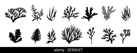 Black coral template design silhouette vector. Underwater ocean coral, plants, leaves, algae and branches. Save the water.  Stock Vector