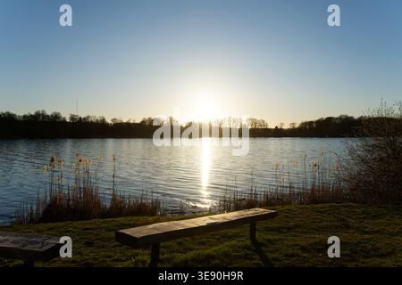 Lake reflecting golden sun rays on water with benches in foreground during sunset Stock Photo