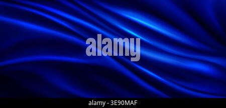 Blue silk fabric texture with smooth waves. Vector realistic illustration of luxury navy satin cloth, abstract curtain drapery background, premium velvet material with silky gradient, draped flag Stock Vector